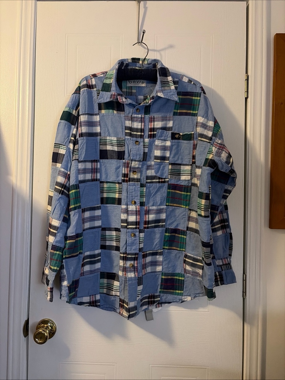 Vintage ORVIS Shirt Mens Large Blue Plaid Patchwork Long Sleeve Button Up